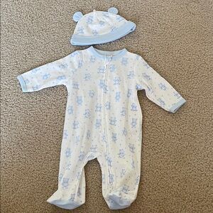 Little Me Blue and White Bear Print Baby Onesie with Hat